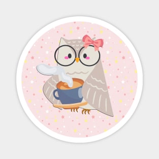 Funny cute owl in pink with coffee and stars Magnet